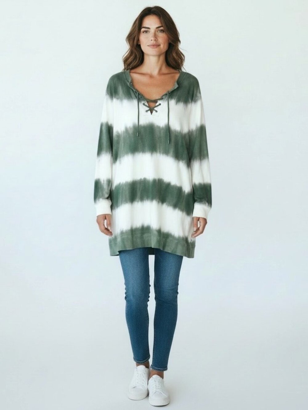 Gap Womens Tie-Dye Lace-Up Long Sleeve Tunic Sweatshirt Green & White XL NWT